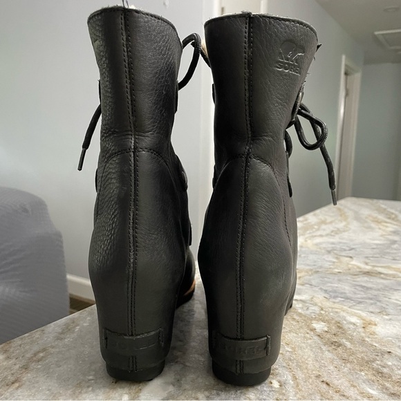 SOREL Joan Of Arctic Leather Wedge Mid Ankle Boots Black NL2173-001 Gorp - Picture 9 of 14